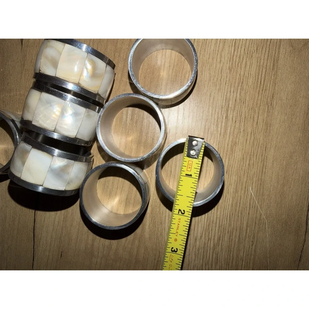 Mother of Pearl Abalone Shell Silver Tone Chrome Napkin Ring Set 6 Pcs Beachy